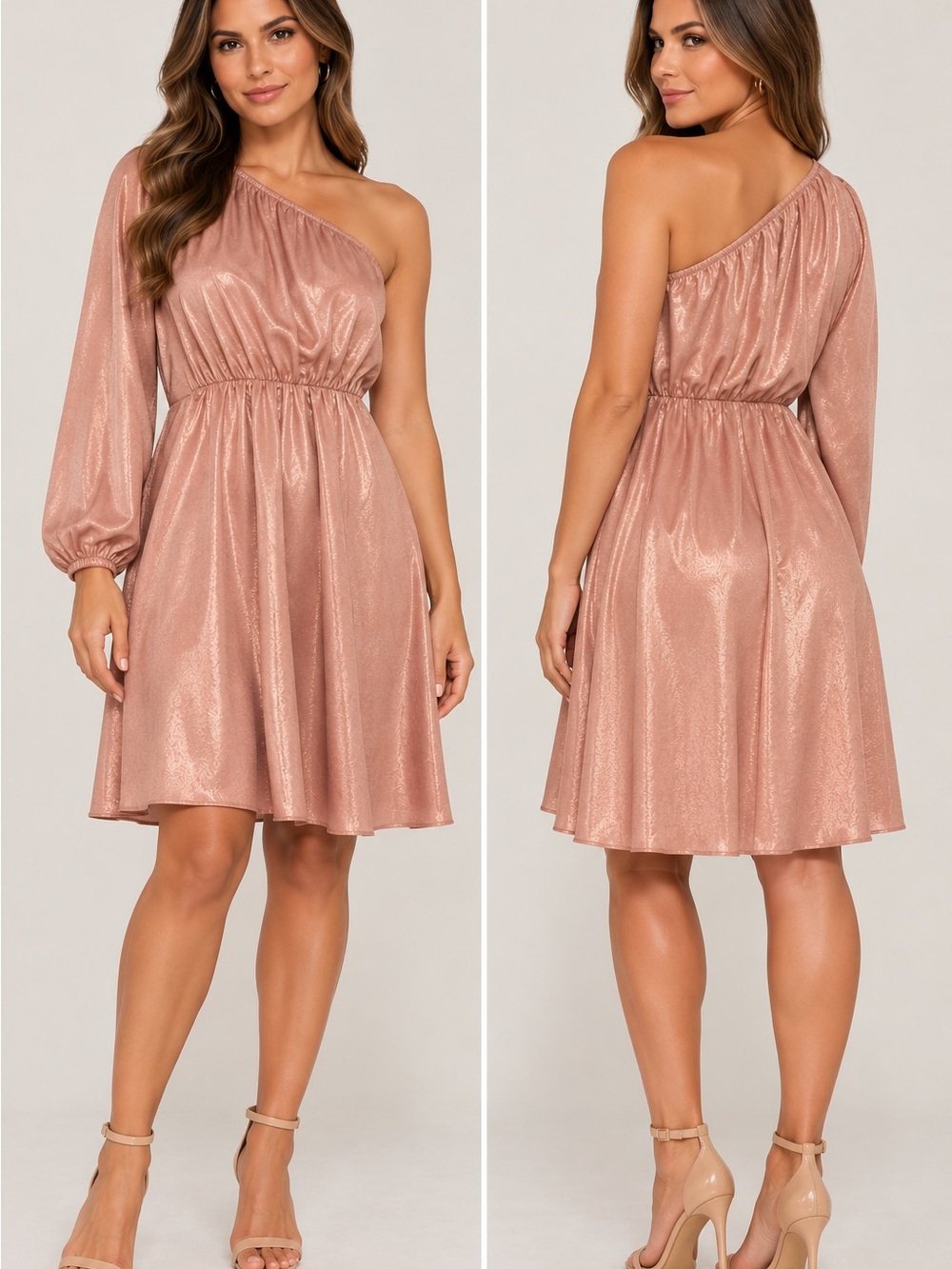 Simplee Women’s XL Blush Pink Metallic Satin One Shoulder Dress Knee Length